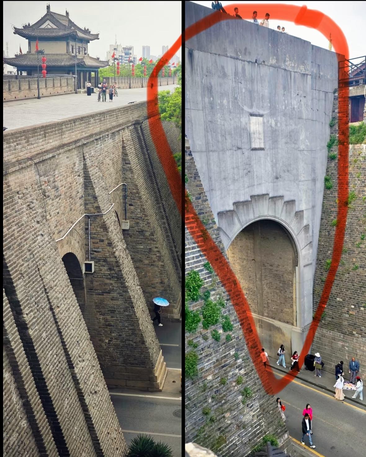这张南京城门……就划圈的这部分是现代修复的，两边都是老的，是真的吗？