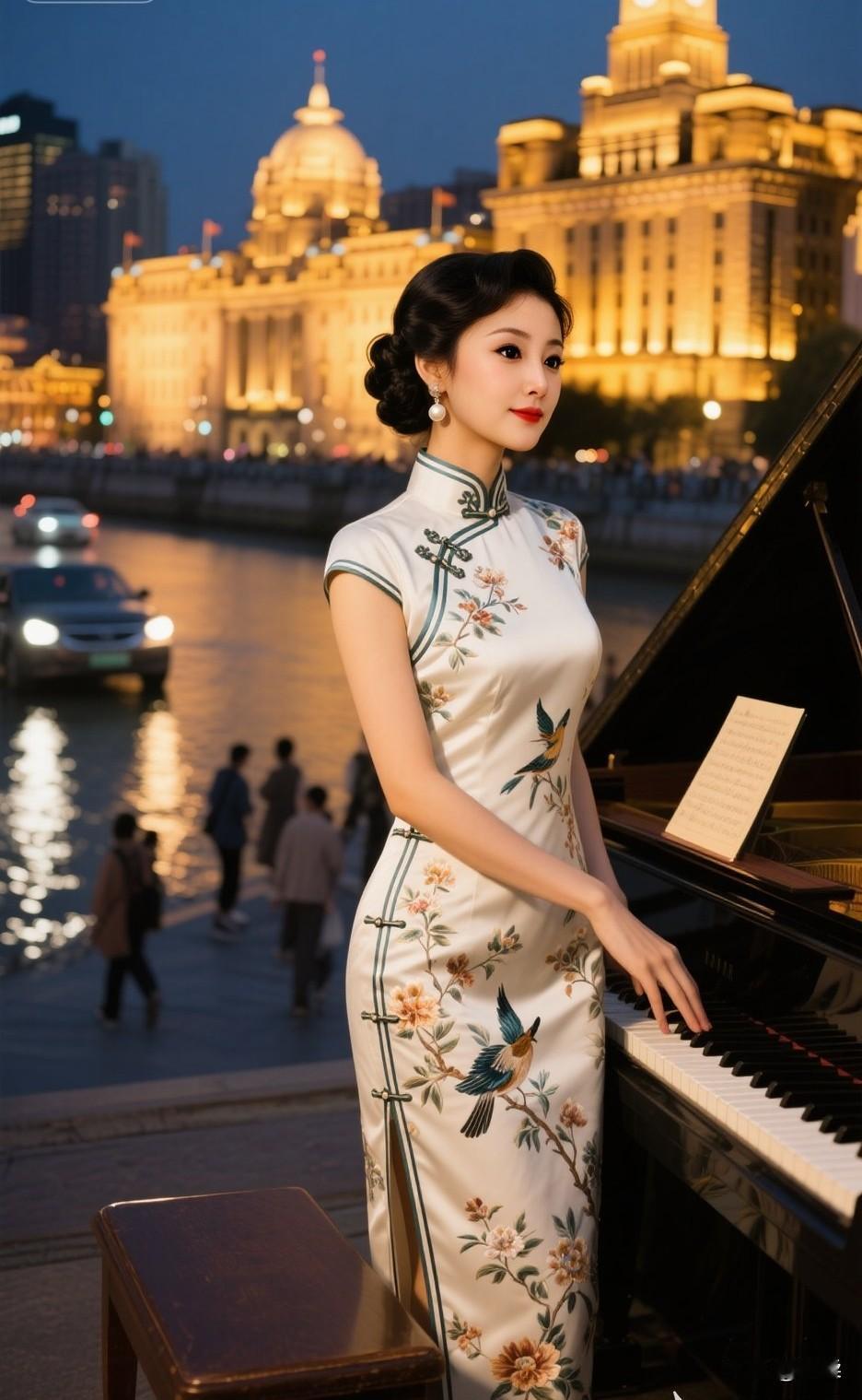 在灯火辉煌的夜晚，优雅的钢琴声与复古旗袍交相辉映，演绎一段都市的浪漫故事！江南旗
