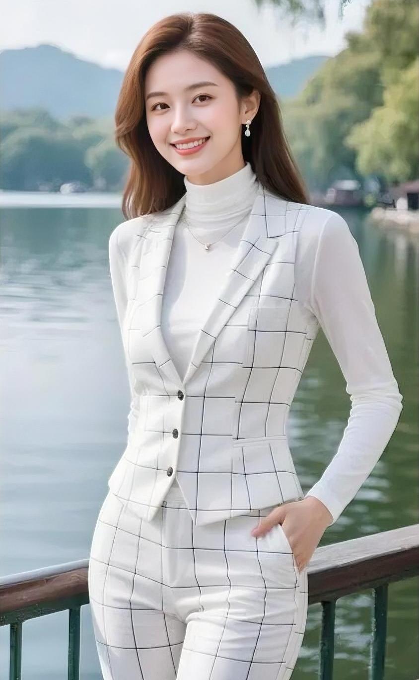 湖风轻轻吹，你站在光里笑。白格裁出利落线条，温柔也挺拔。远山含翠