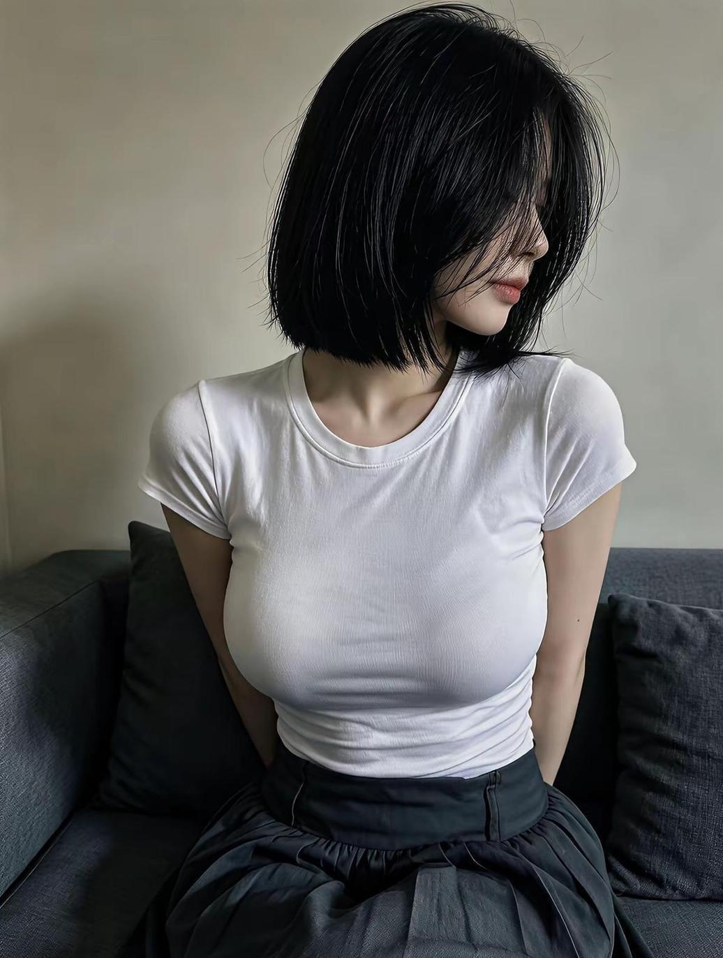 简约黑白穿搭，气质短发女孩，也是一个简约穿搭的很好的示范。