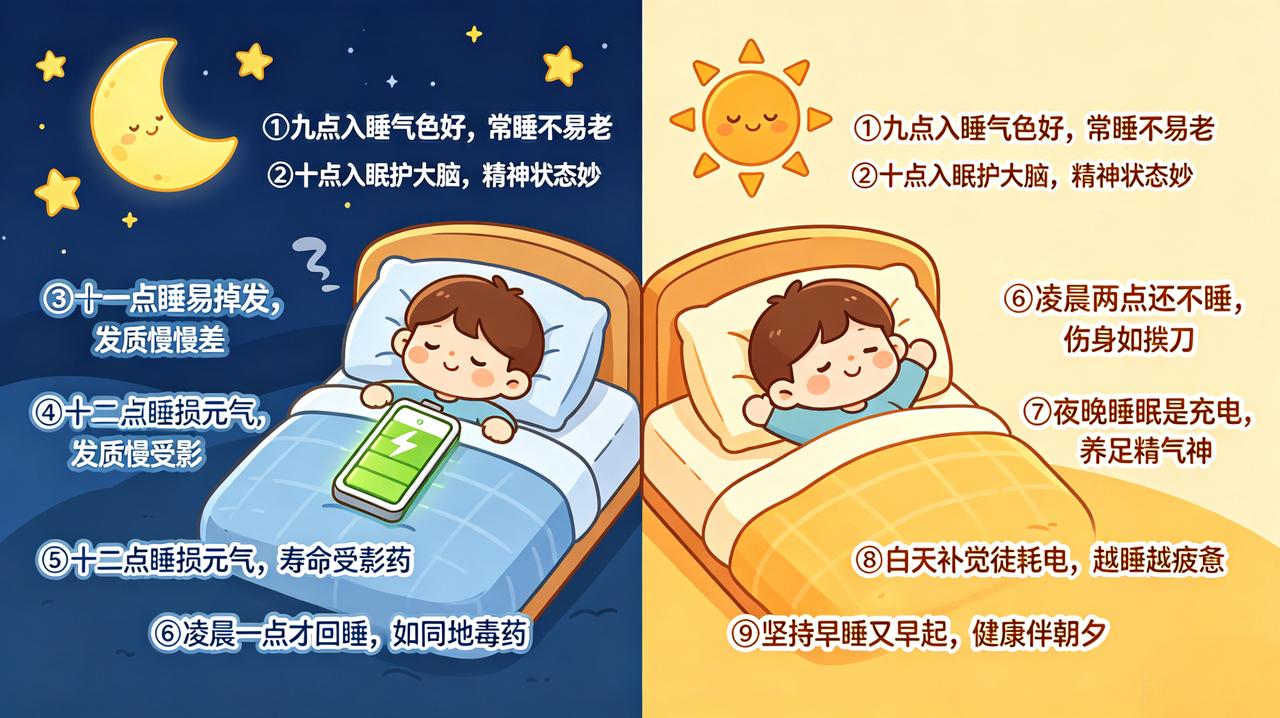 ①九点入睡气色好，常睡不易老②十点入眠护大脑，精神状态妙③十一点睡易掉发，发