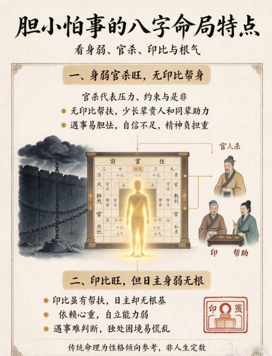 胆小怕事的八字命局特点一、身弱官杀旺，无印比帮扶官杀代表外界约束、压力与是非；印代表长辈贵人庇护，比