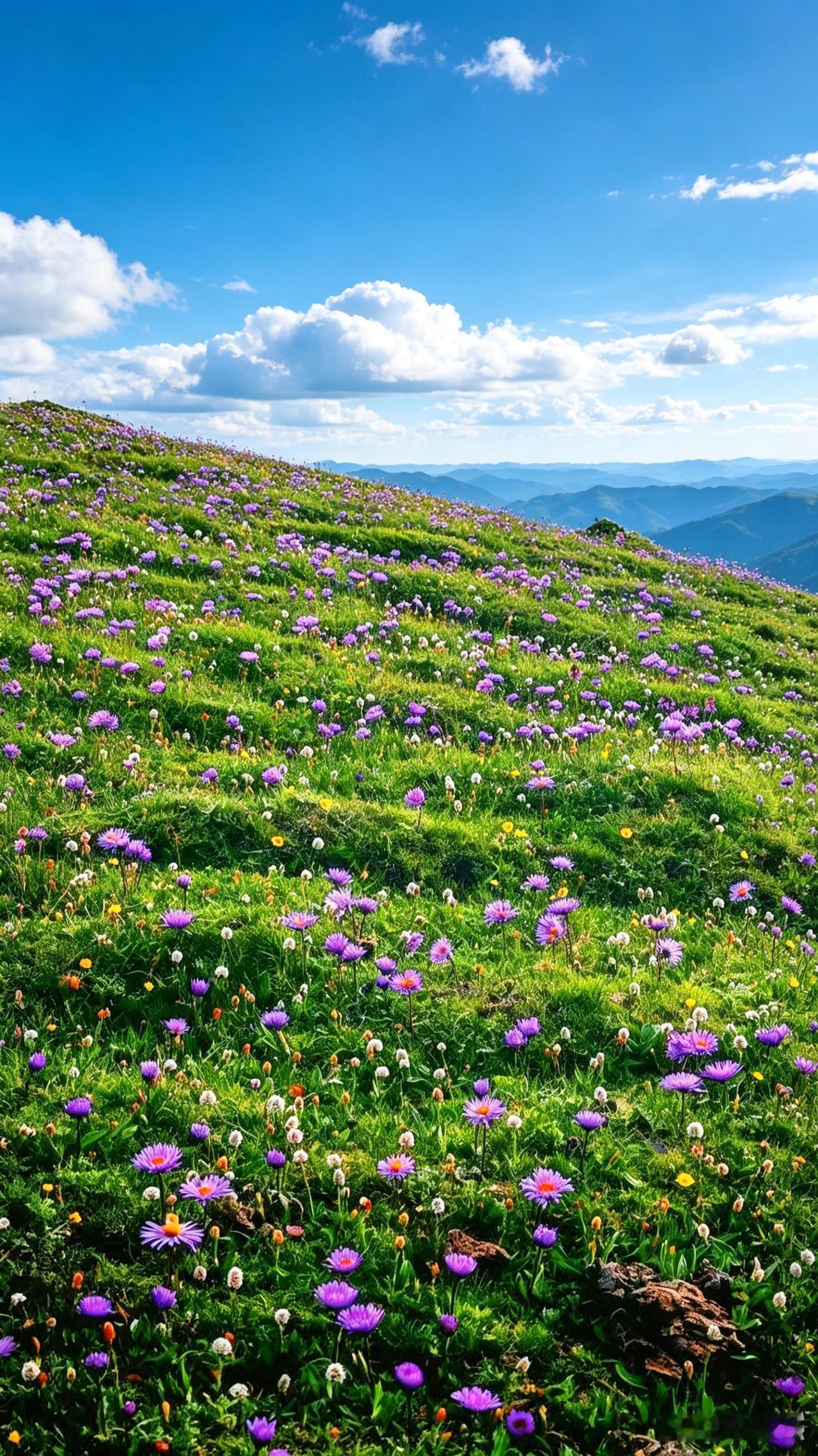 山野花海漫坡紫菊叠翠茵，晴云万里净无尘。繁花漫染青山畔，一野清风自在春。