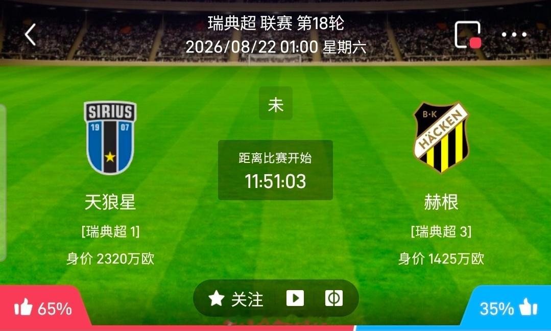 【足球】周五005瑞典超方向：天狼星vs赫根瑞典超：天狼星VS赫根时间：2026