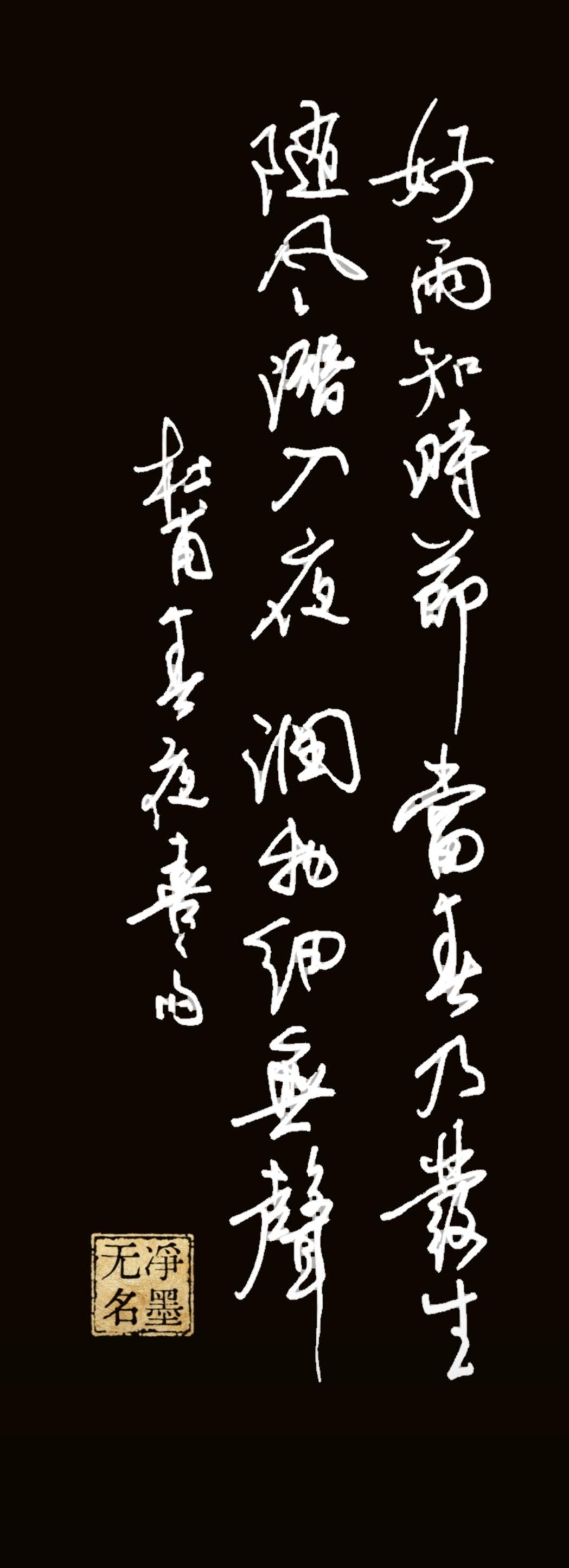 抄写杜甫《春夜喜雨》的经典名句，竖排草书，从右至左认读：好雨知时节，当春乃发生