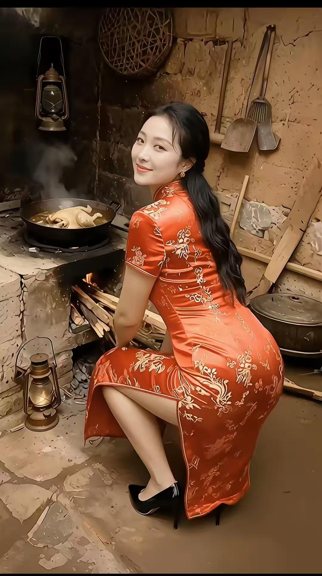 塞鸿秋·红妆炊韵红裳绣袂炊烟映，古灶柴火青山影。黛眉凝意春情盛，香风绕灶