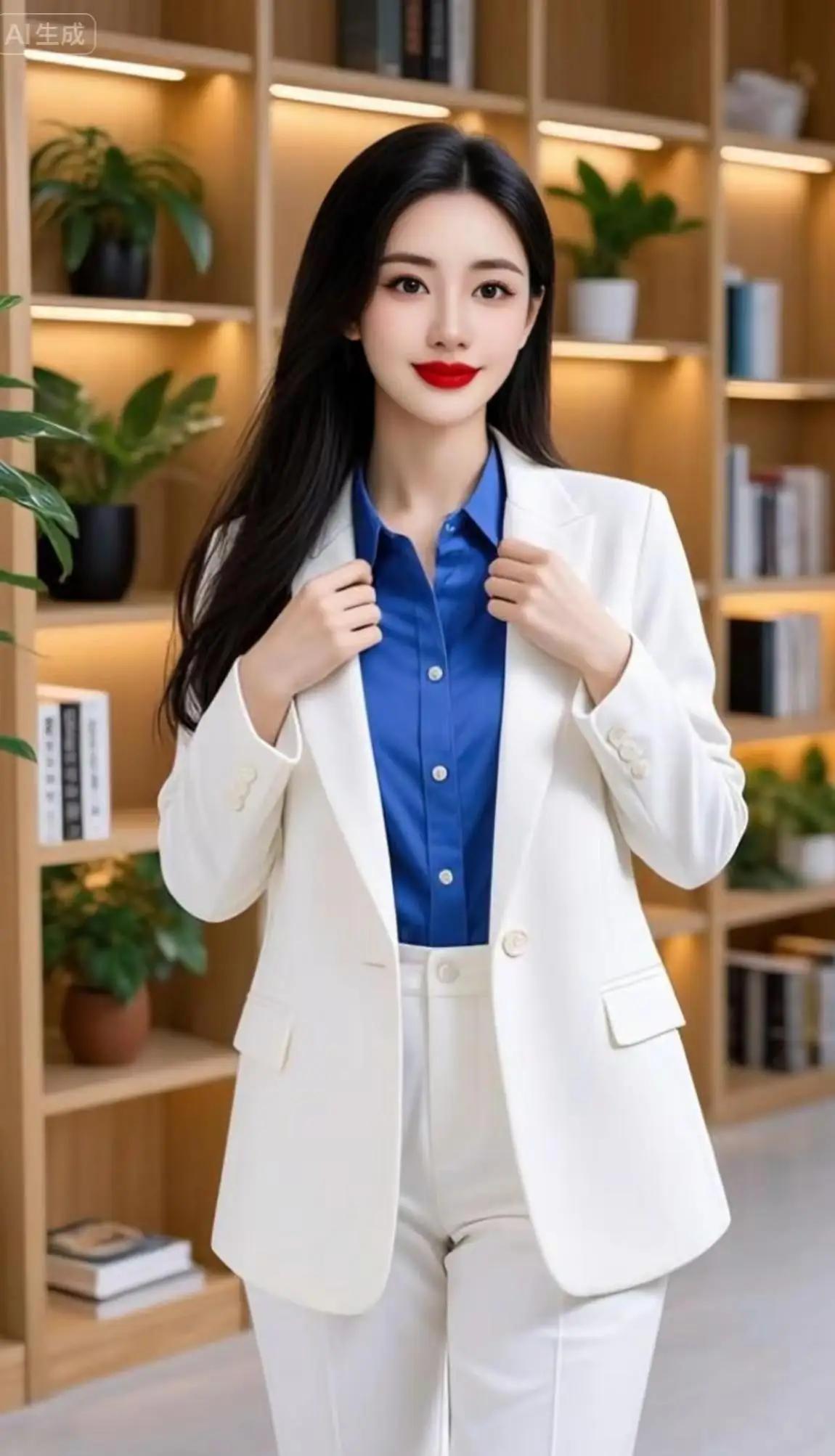 优雅白领风穿搭，白色西装搭配蓝色衬衫，尽显职场魅力！💄👠