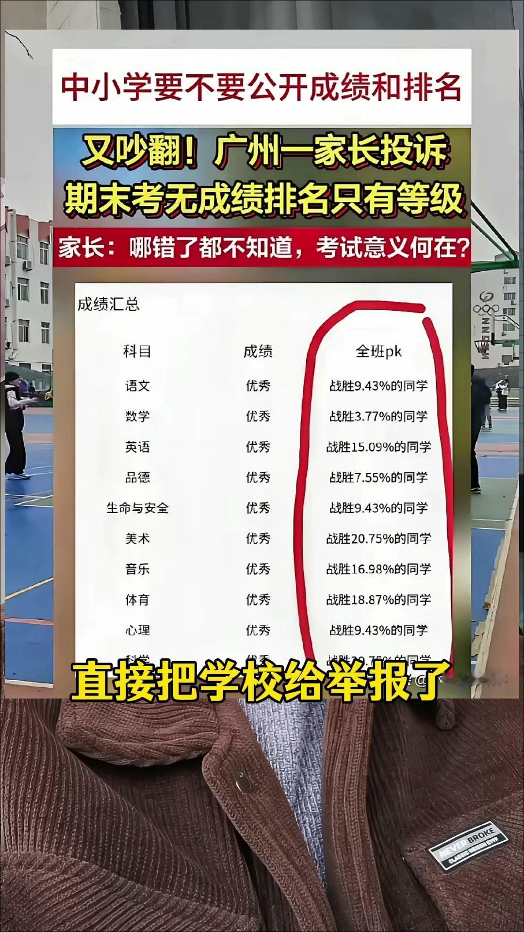 家长举报学校不公布成绩的事你们看了吗？广州有位家长因为期末考试只给等级、不公布分