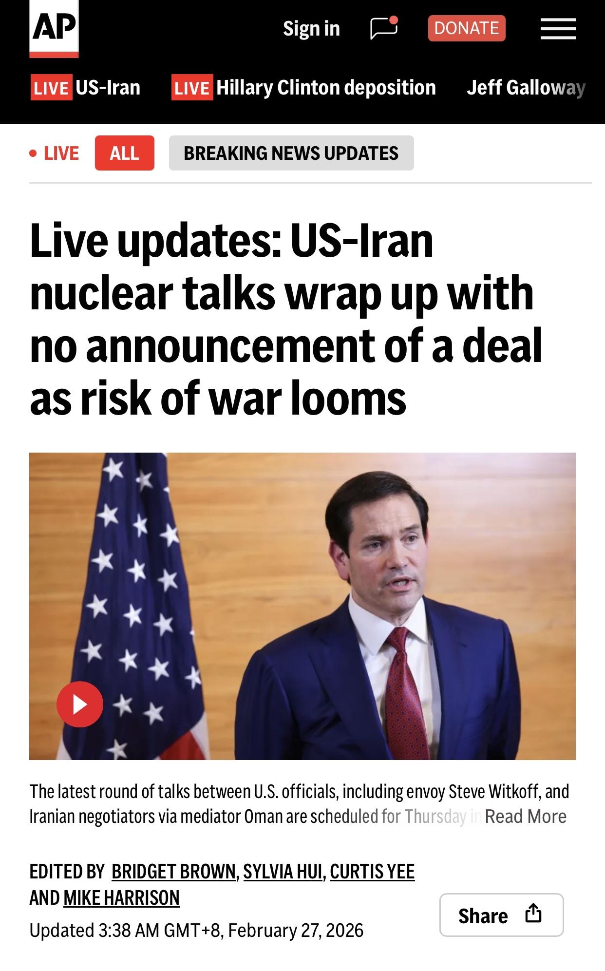 美联社：美伊间接核谈判无果而终美联社2月27日电:周四，伊朗和美国就德黑兰