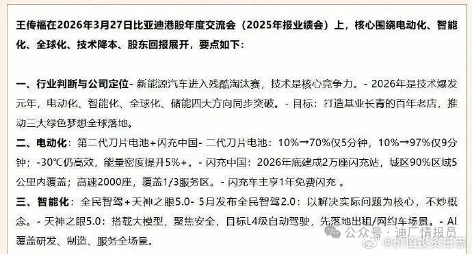 价值投资日志近日，比亚迪2026年度股东交流会在香港召开，王传福等核心管理层披
