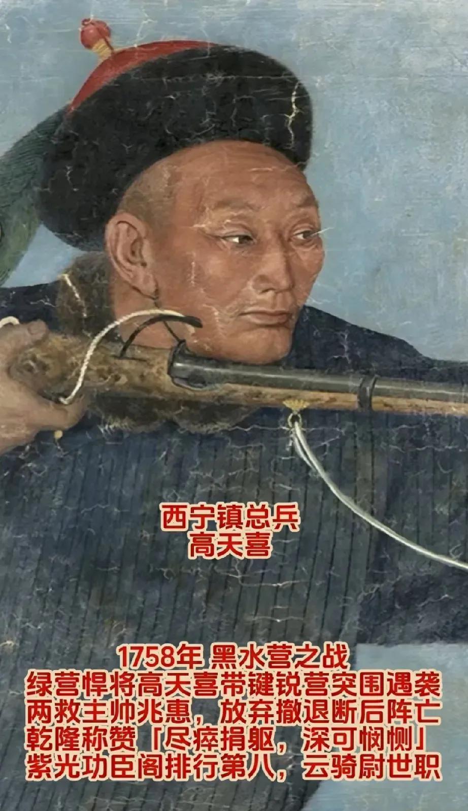 高天喜:清朝著名军事将领，原为准噶尔人，被清军俘虏后收养。成年后加入绿营兵，开始