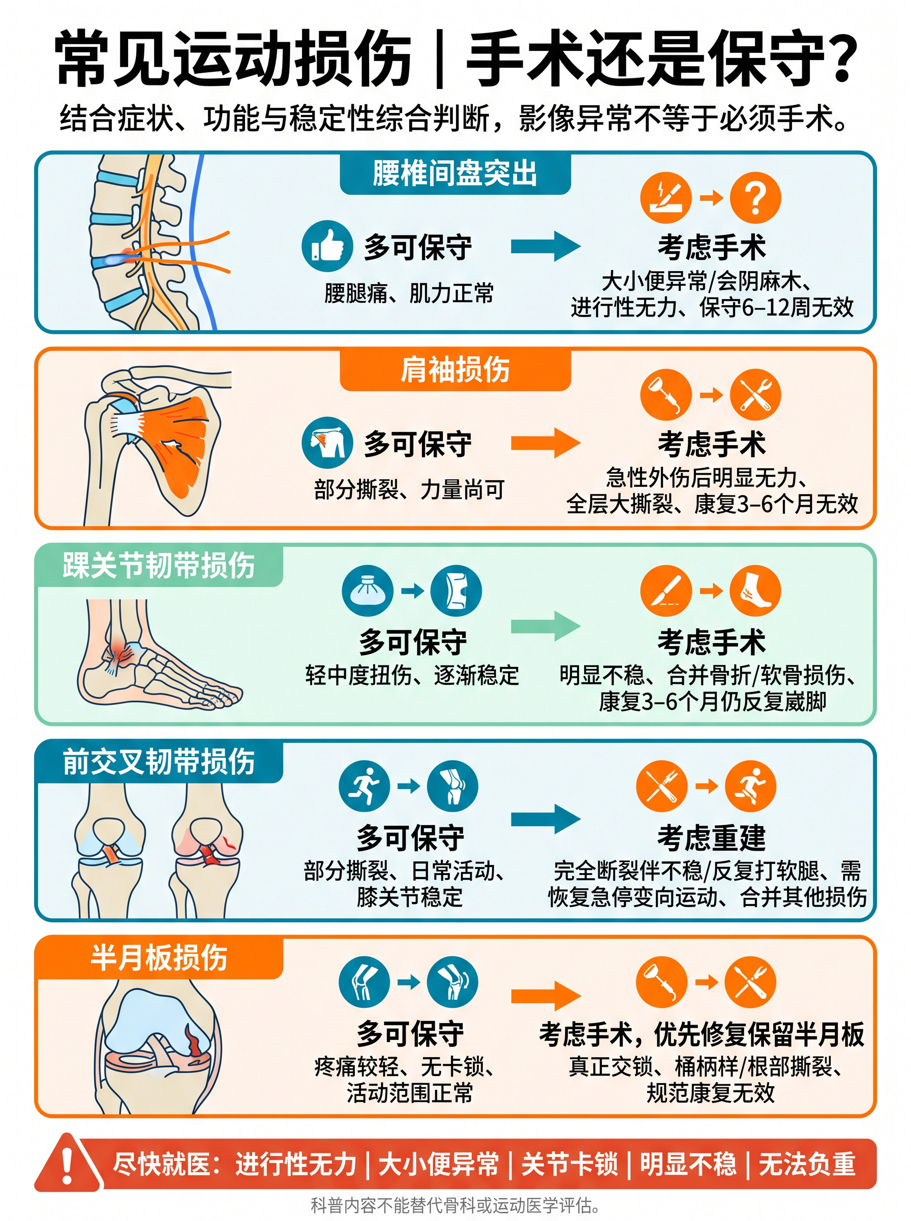 腰突了是不是必须挨一刀？脚崴了，韧带撕裂很严重，不手术能好吗？半月板损伤什么情况