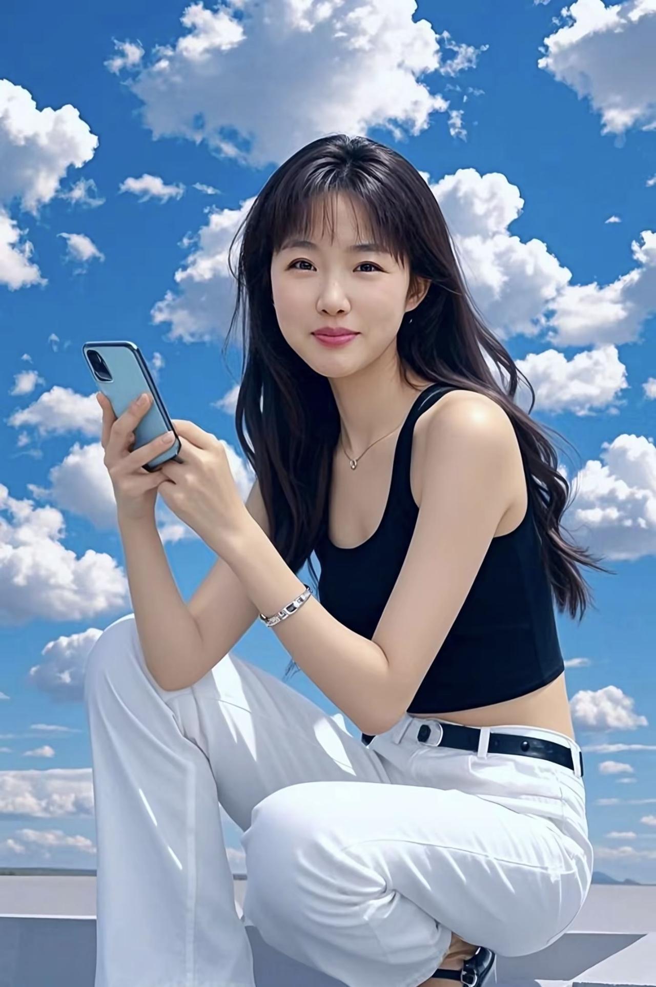 蓝天下的少女在澄澈如洗的蓝天下，少女静立。她似从云间踱步而来，周身晕染着天空的