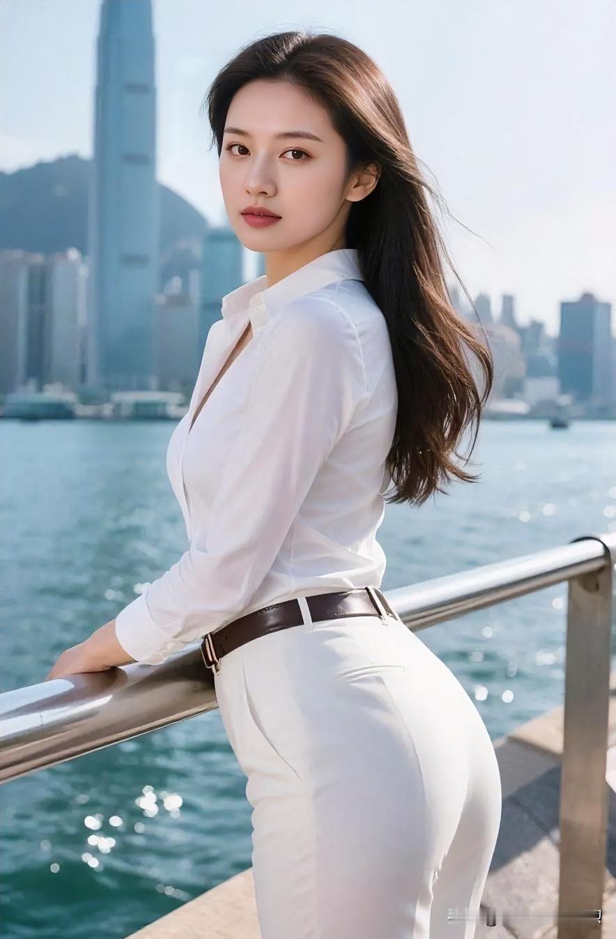 白衬衫配白裤，极简色调勾勒挺拔身姿。海风轻拂长发，回眸间尽显都市女性的独立与从容