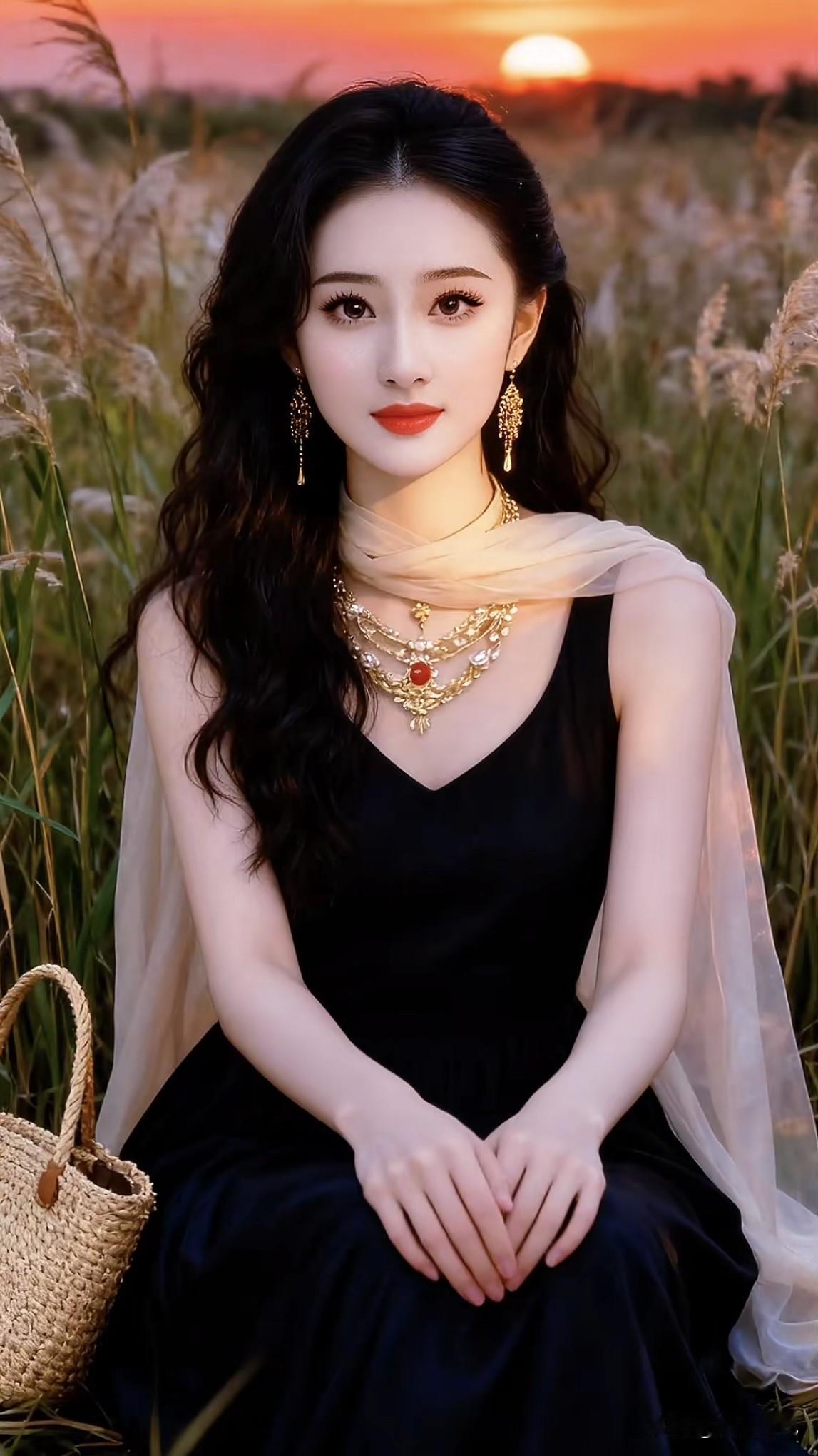 日落时分，黑裙美人静坐花海，耳畔金饰闪耀，手提包旁，唯美如画。黑裙气质女神黑裙