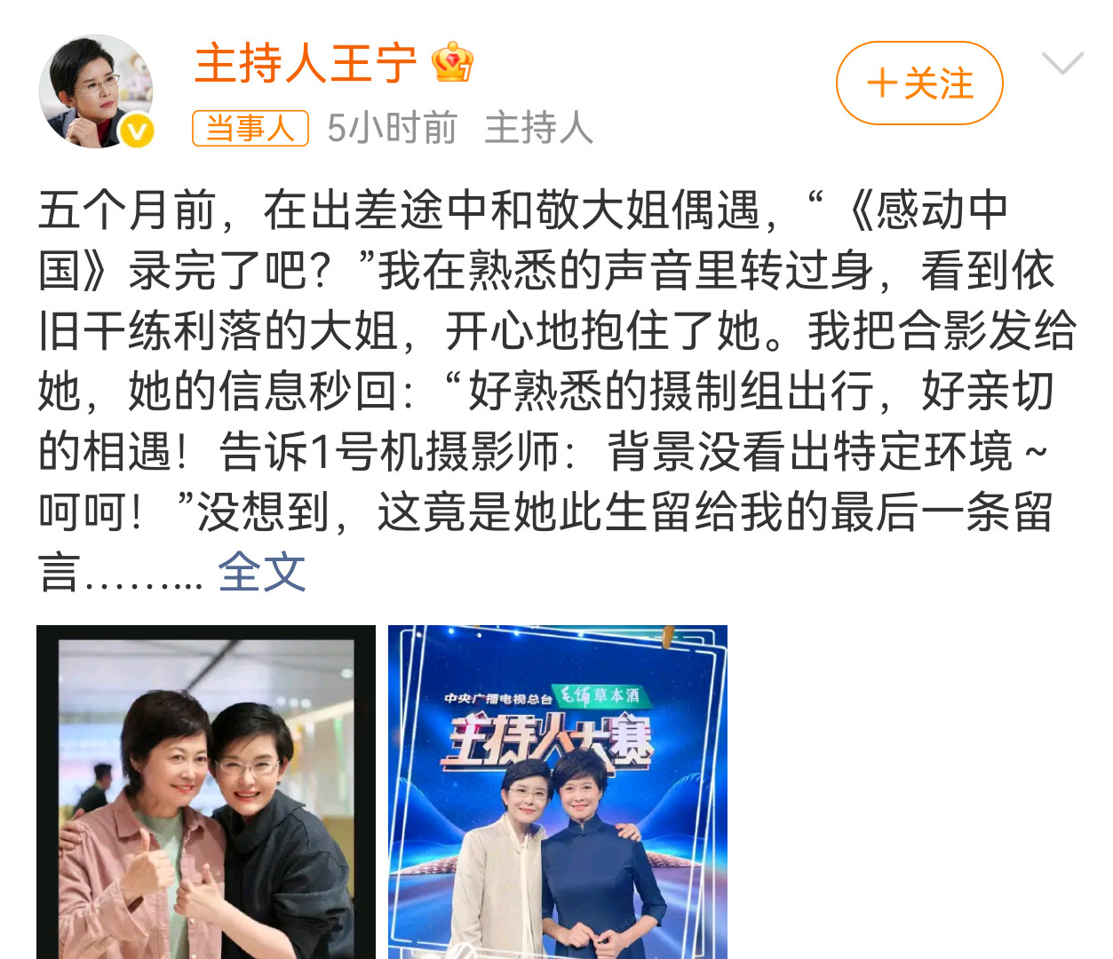王宁悼念敬一丹前央视主持人于2026年9月13日因病去世，享年71岁，其同事兼好