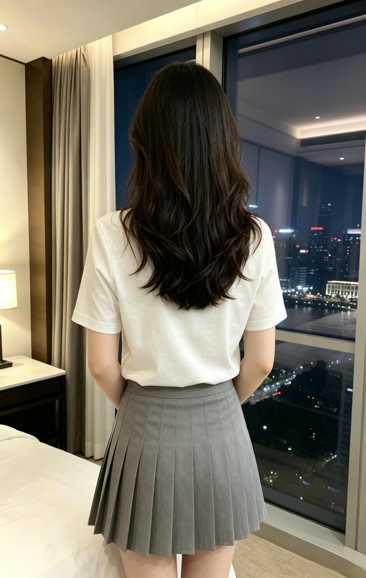 短褶轻裙衬素衣，柔丝散落背肩垂。一城灯火凭窗望，静立无言也动眉。
