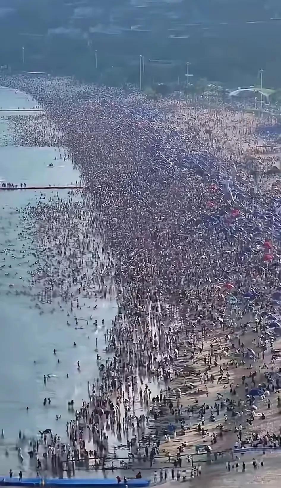 炎炎夏日，广东深圳大梅沙，人满为患，密密麻麻的10万人冲向海边像下饺子般，场面十