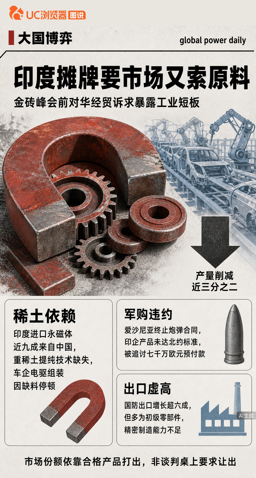 金砖峰会前印度摊牌：要中方让出市场，又私下求别断供稀土。可马鲁蒂铃木因缺料砍掉三分之二产量，九成永磁