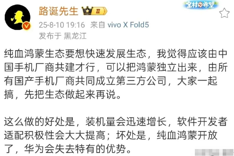 米系博主宣称，鸿蒙生态要靠所有国产厂商齐心协力的去推广。这恐怕只是理想中的情