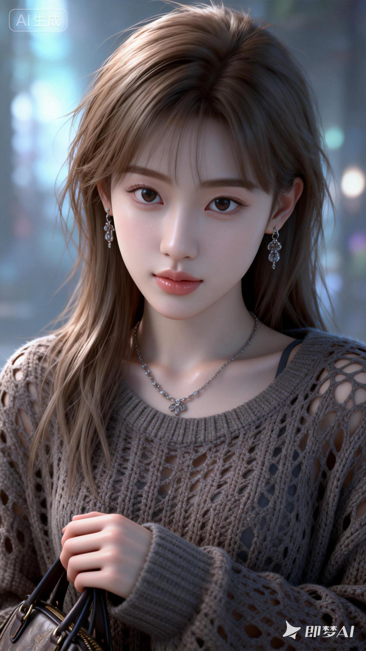 她有着眼尾细长的桃花眼，发丝细腻刻画，披着凌乱的浅棕色长发，是真人比例。有着精致