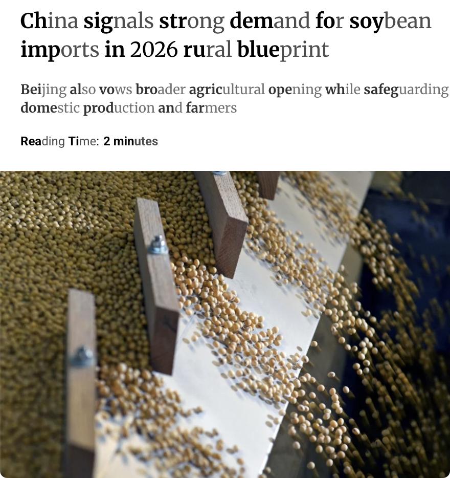 外媒：2026年中国农村发展蓝图显示，中国将扩大农产品进口，特别是国内供应不足的