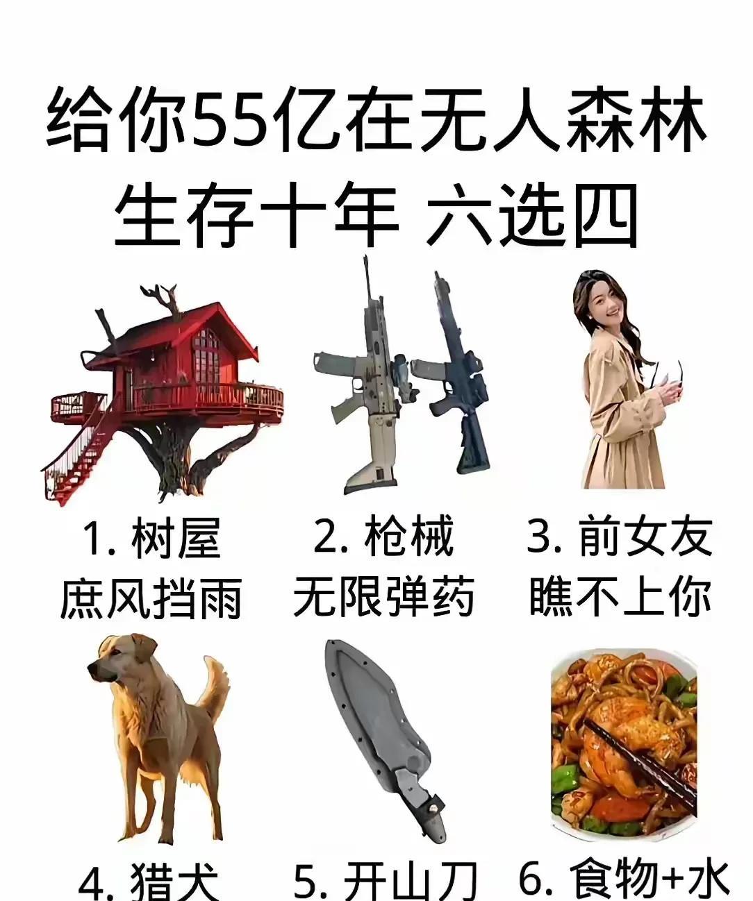 假如：你获得一个生存游戏，条件：一个人在无人森林里生存10年，限制：图片上只