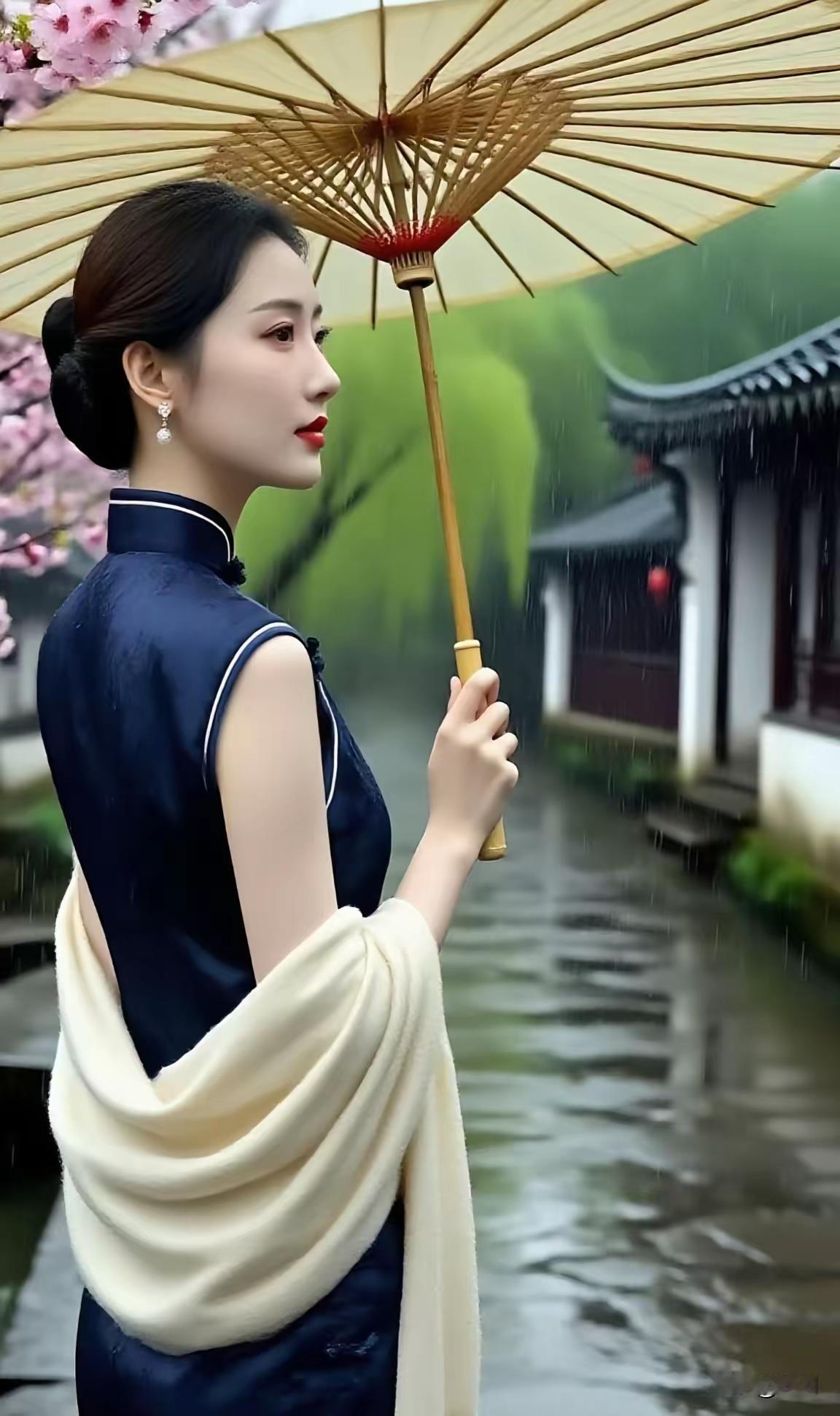 雨中漫步，撑伞漫步在江南水乡，感受传统韵味。