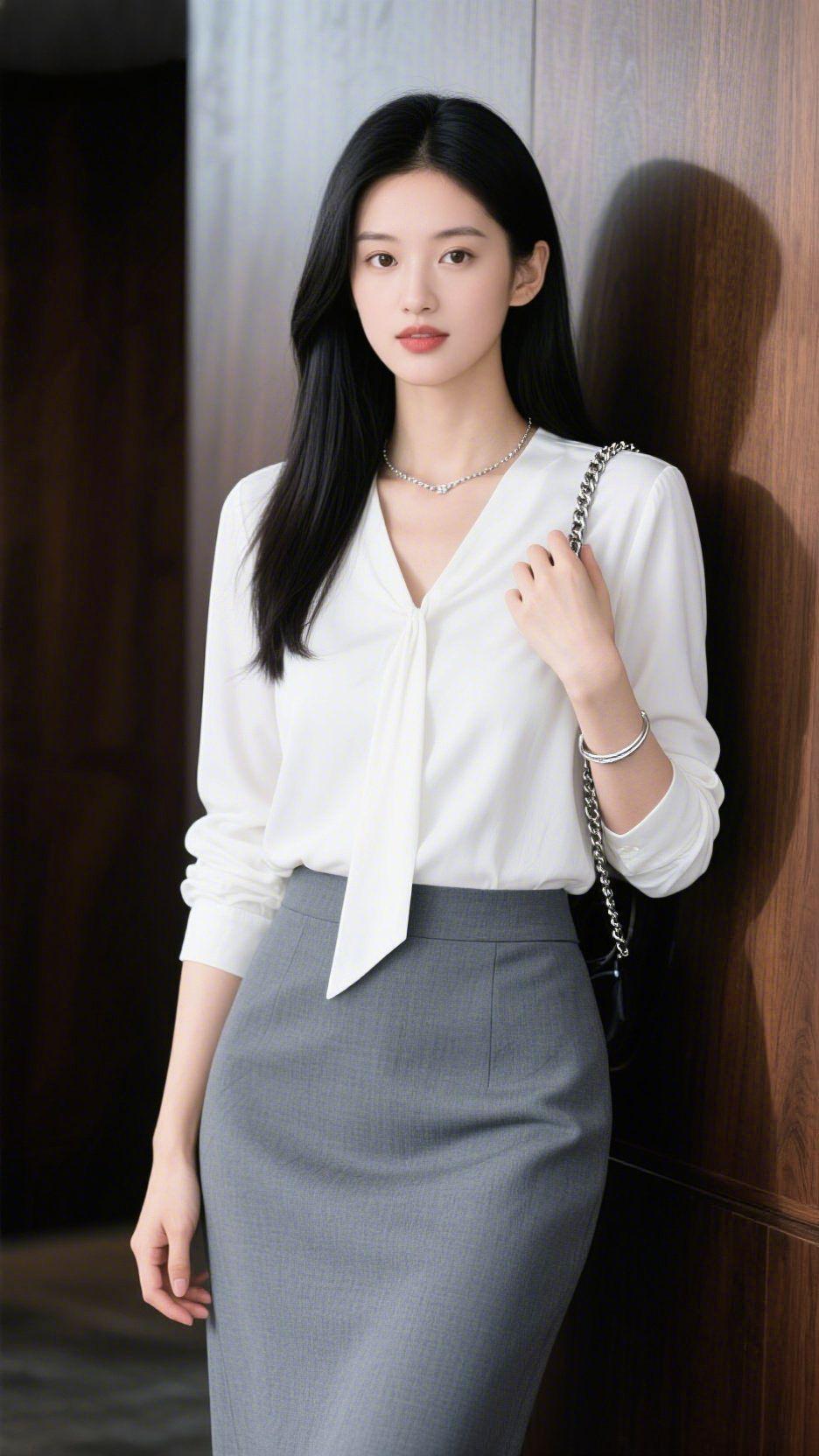 《白衫灰裙里的清舒》木墙晕着暖柔的光，她是光影里落定的素净——白衫似裁了片