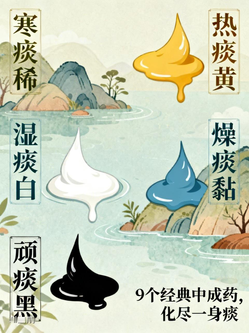 寒痰稀、热痰黄、湿痰白、燥痰黏、顽痰黑，9个经典中成药，化尽一身痰嗓子有痰，
