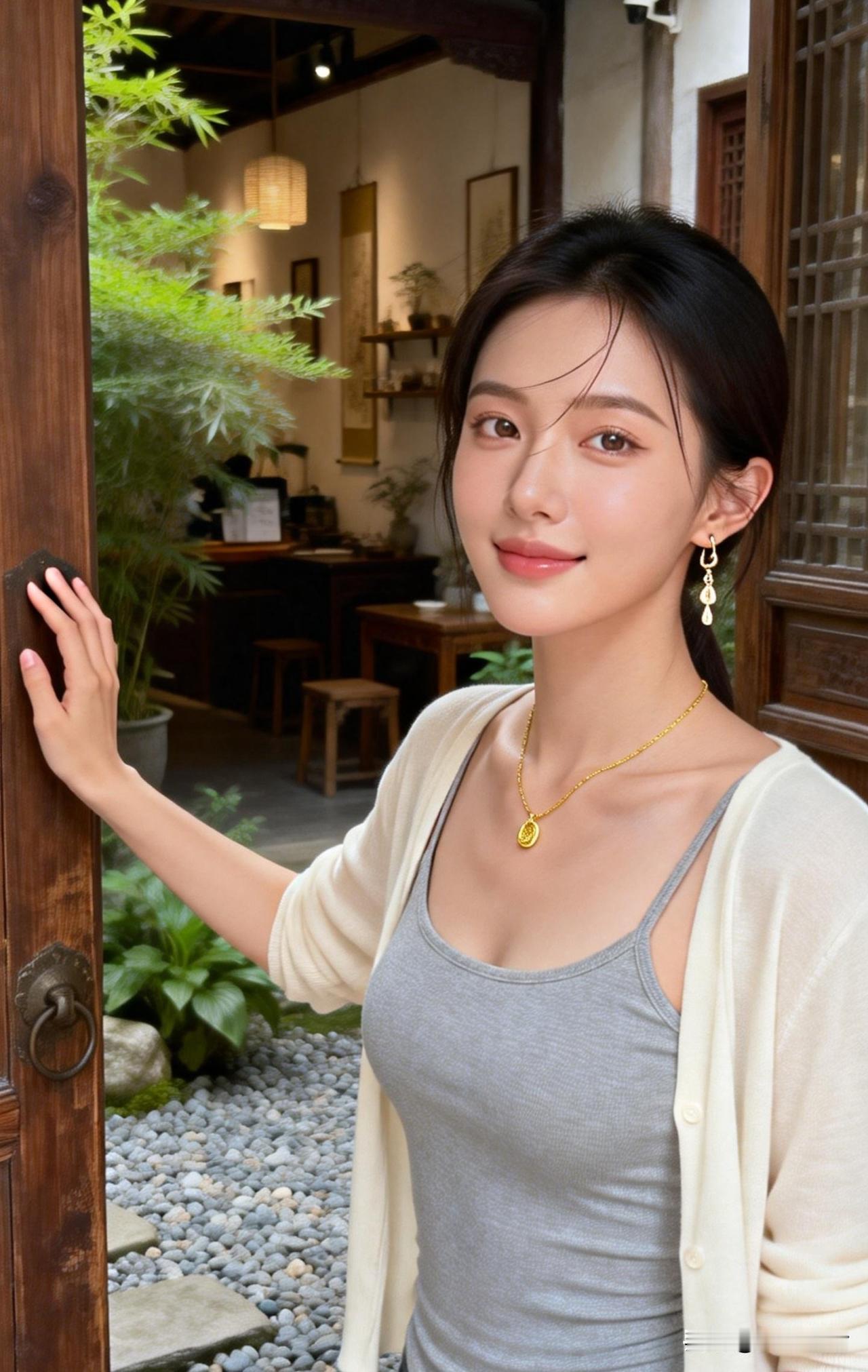 门掩绿阴深，美人倚木门。