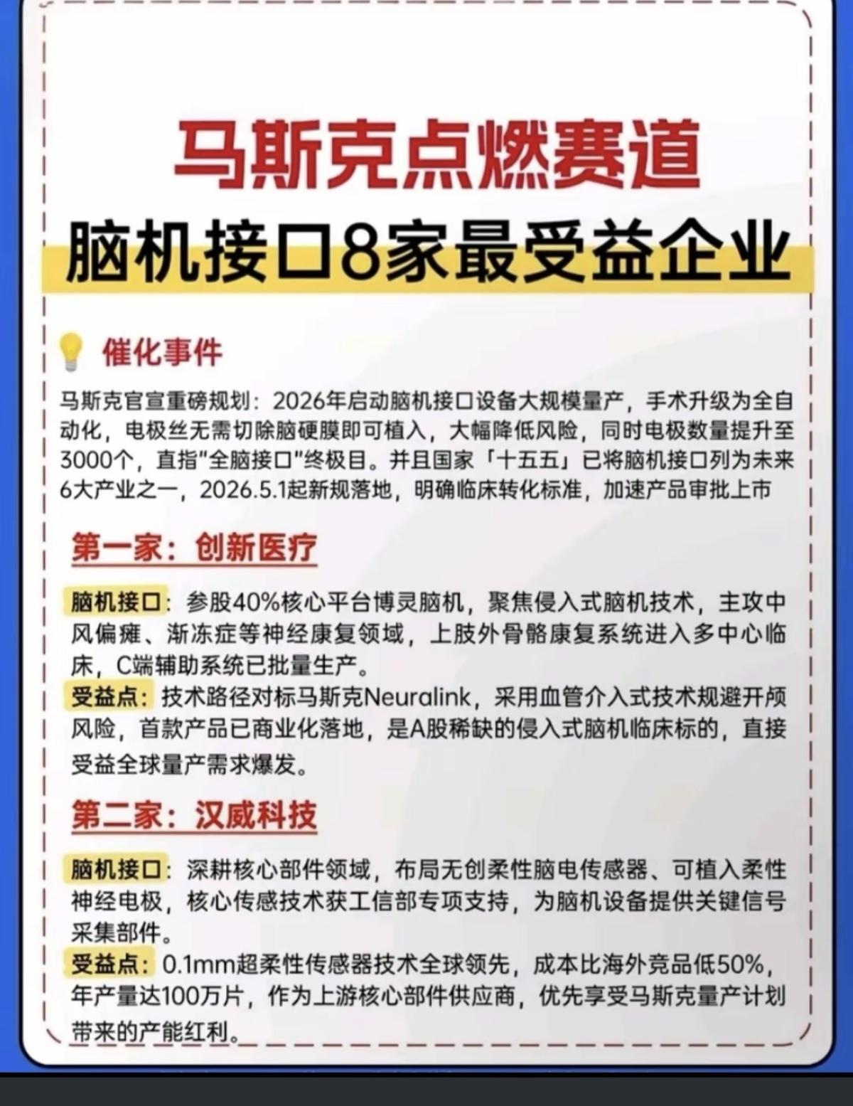 马斯克点燃赛道：脑机接口8家最受益公司！马斯克重磅规划：2026年启动脑机接