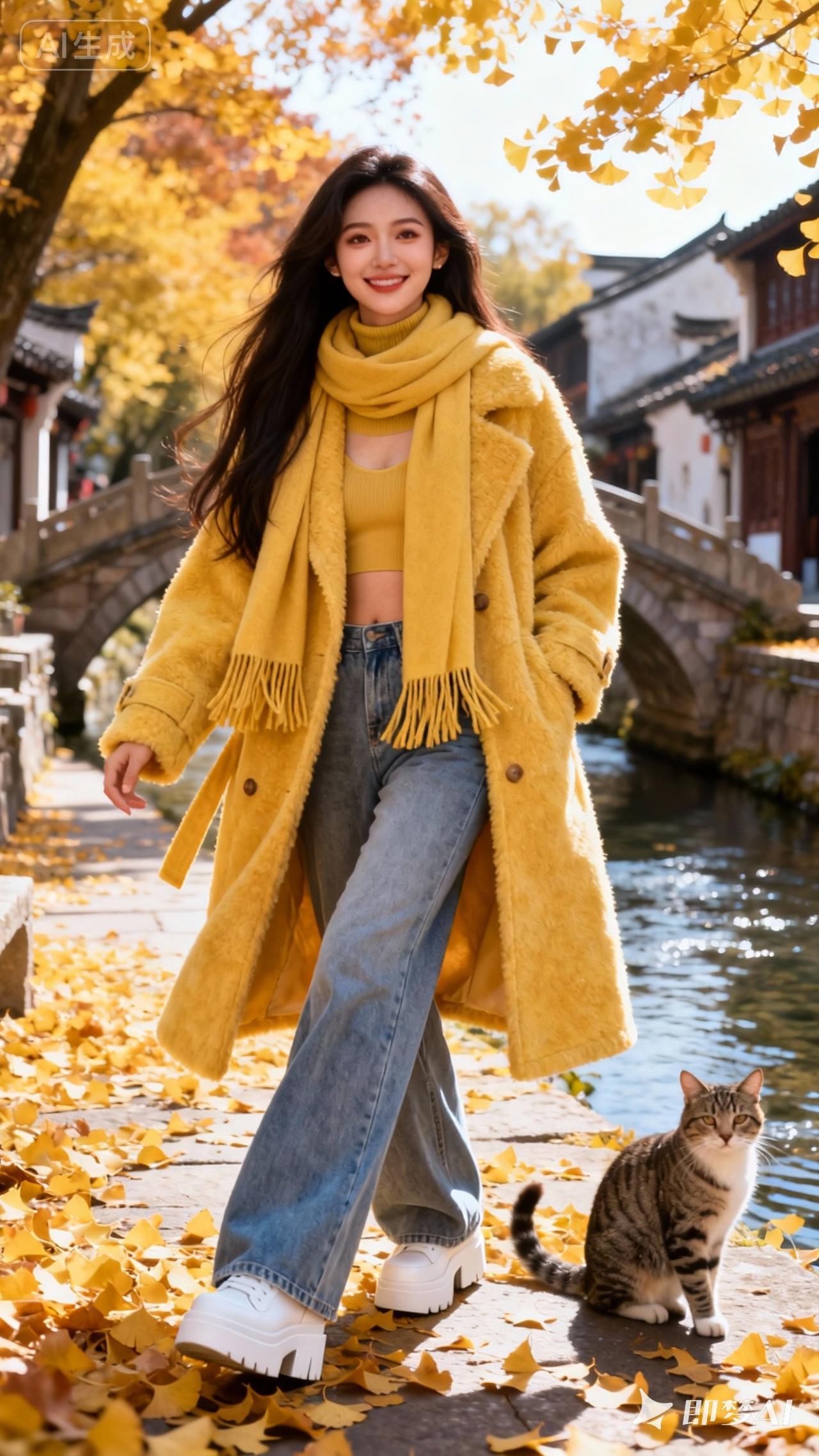 秋风起，黄叶舞，美人猫相伴。