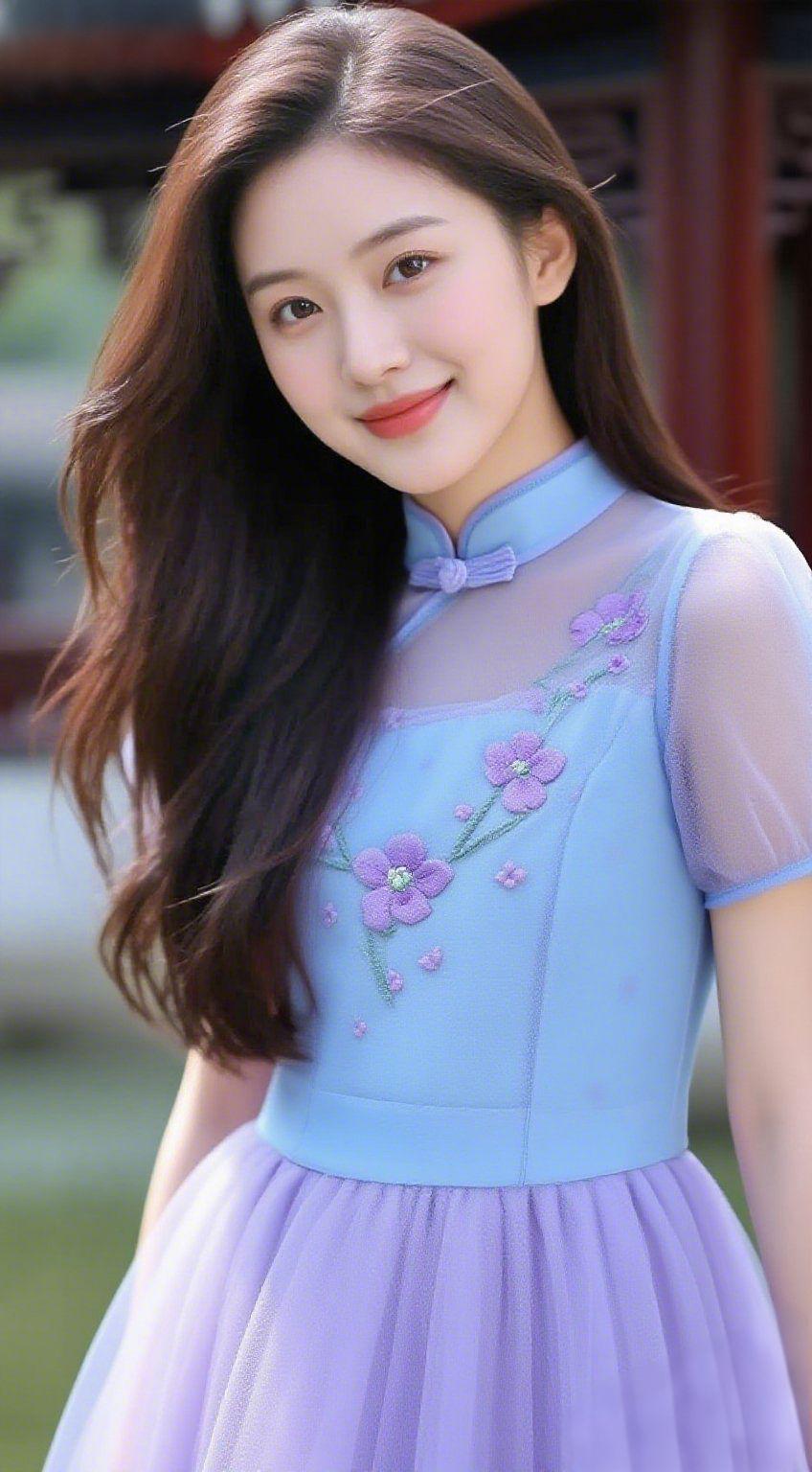 春亭紫裳沐清风浅蓝立领配雅致盘扣，紫花点缀薄纱衣身，淡紫裙摆轻盈垂落。她站