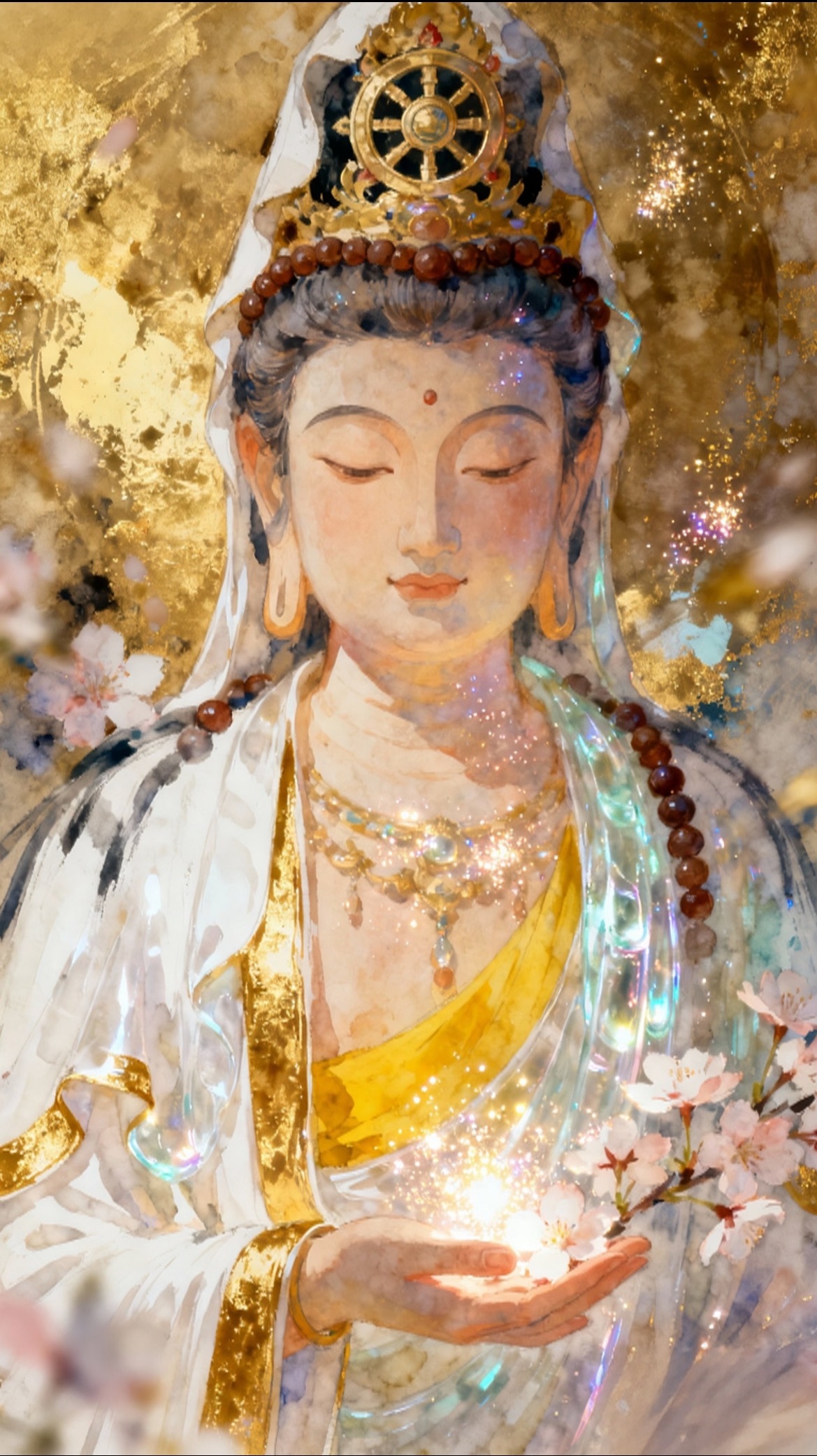 祈观音菩萨垂怜，拂去烦忧，赐福人间：心有暖阳，路有坦途，福慧绵长。