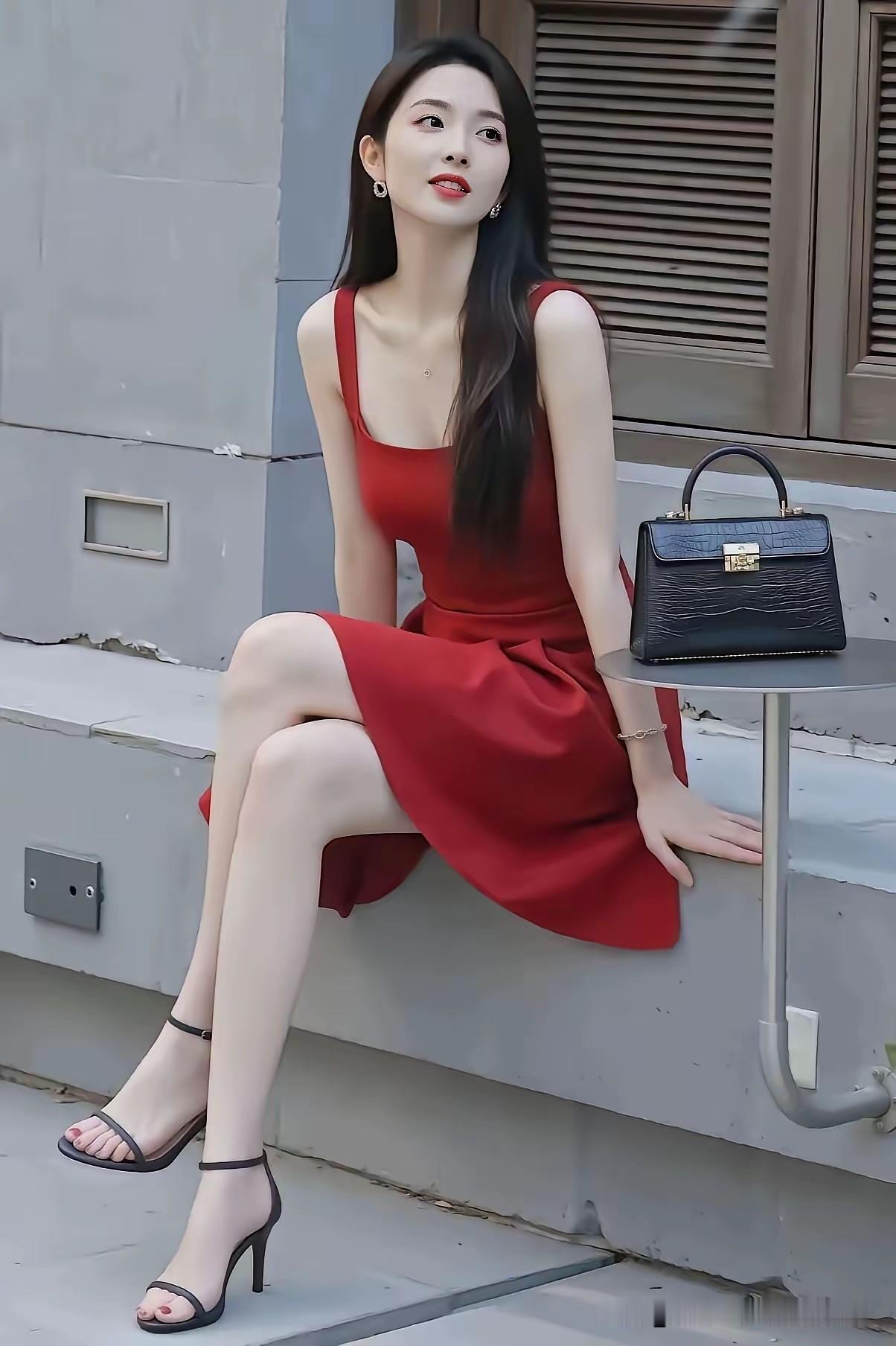 自带气场的复古红裙穿搭，黑鞋与黑包沉稳中和红裙的艳丽，配色经典不出错，随手街拍都