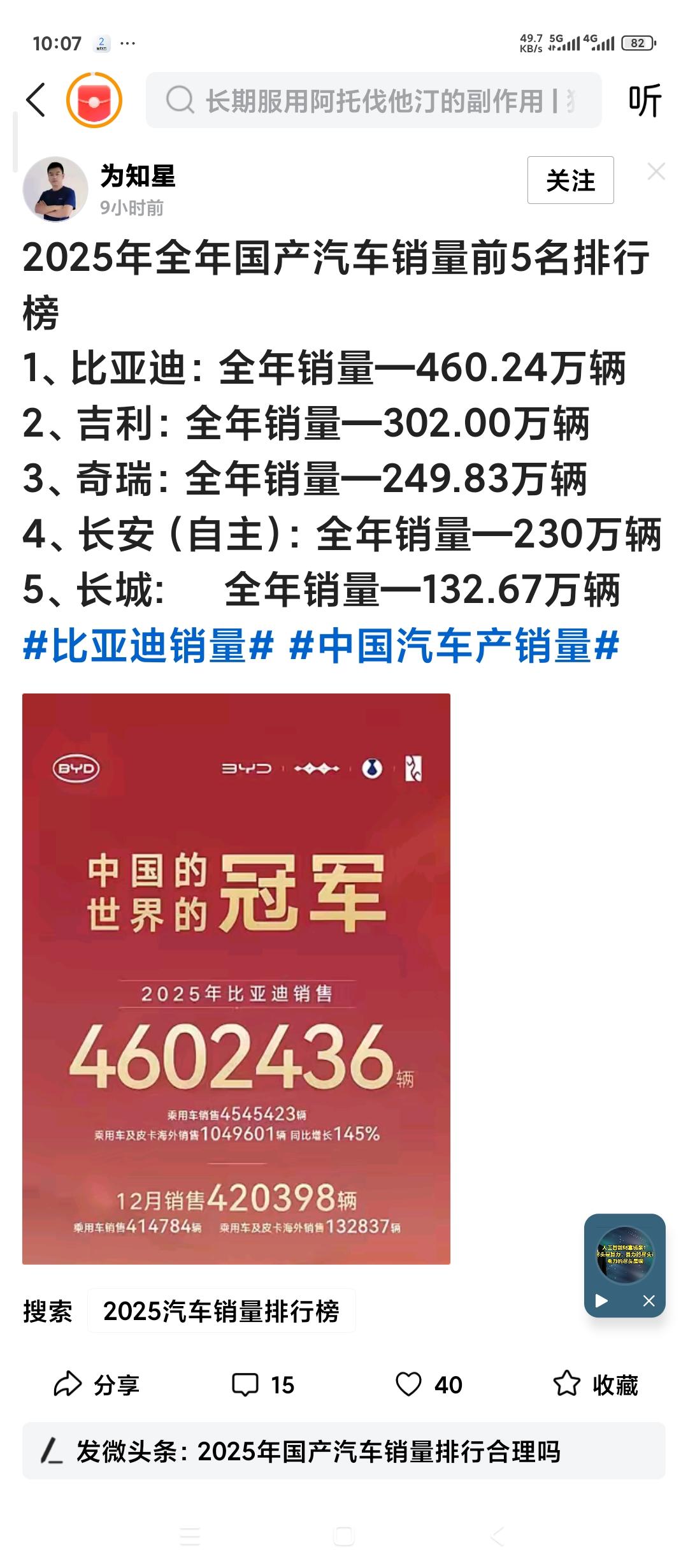 2025年全国汽车销量排行榜。不太清楚这一排名是否完全正确。但可以看出几个特