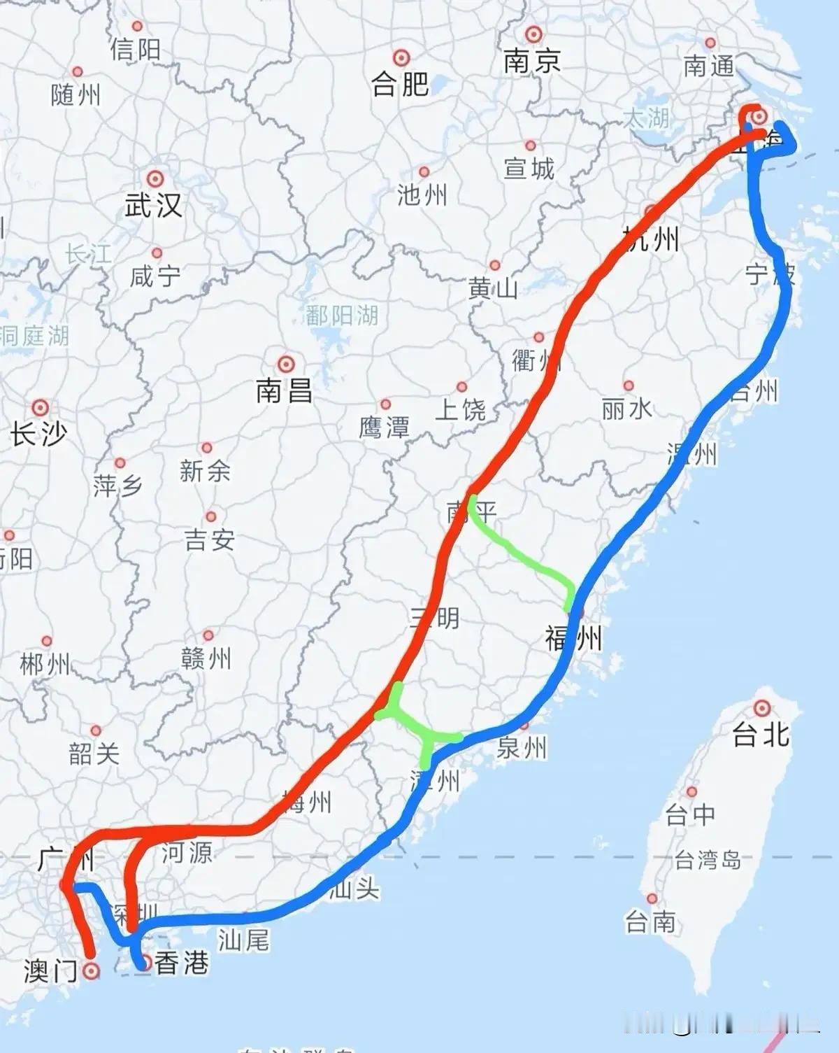 广州到上海，中国两大经济强市，高铁却要绕大圈广州、上海，可以说是国内最富的