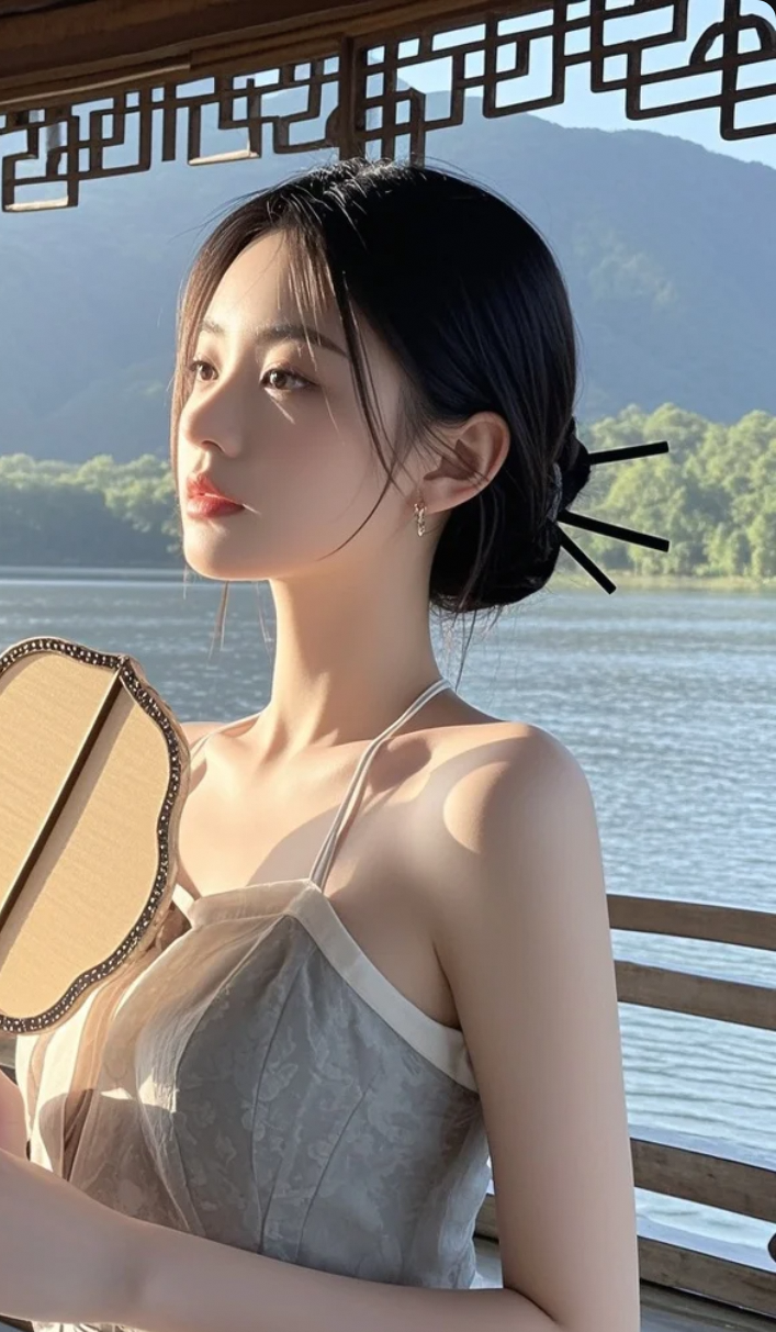 她站在湖边，像一场未醒的梦