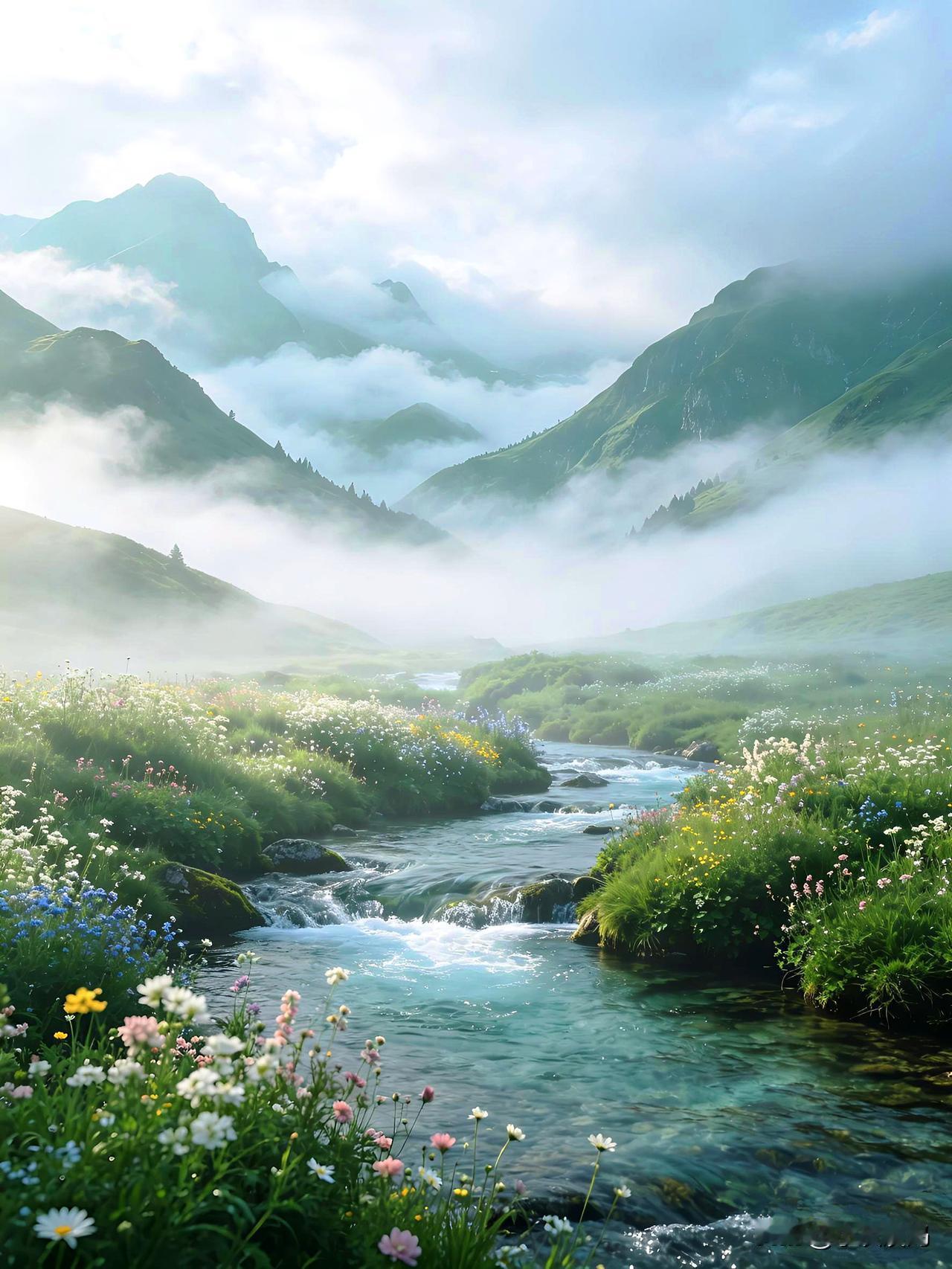 发一张图片看看你们的人间仙境云雾缭绕，山花烂漫，以水为镜，人间仙境！