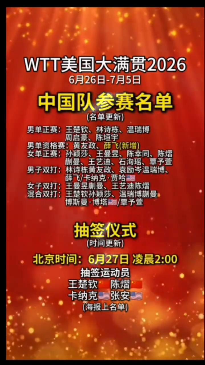 WTT美国大满贯2026中国队参赛名单。抽签仪式：抽签运动员王楚钦、陈熠。
