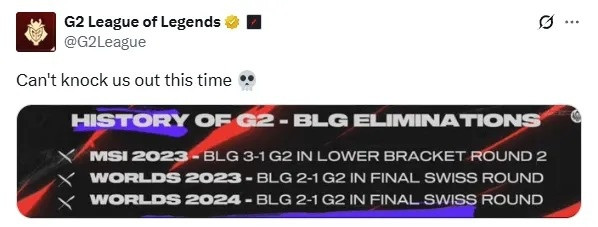 G2晒与BLG三战全败记录: 事不过三, 这次可别想再击败我们