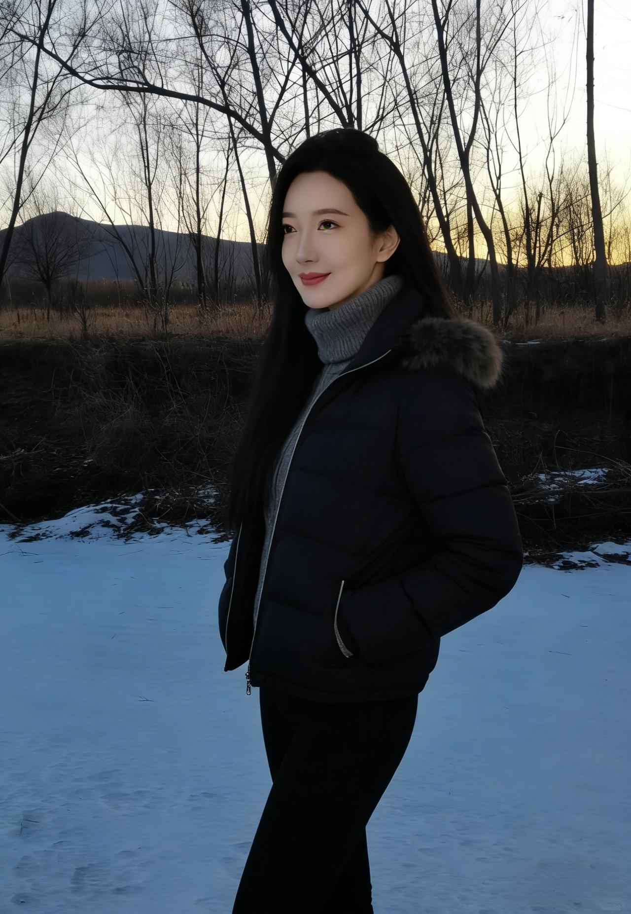 晚天雪落，冰河初凝，佳人独立，眉目如诗，恰是“日暮诗成天又雪，与梅并作十分春”。