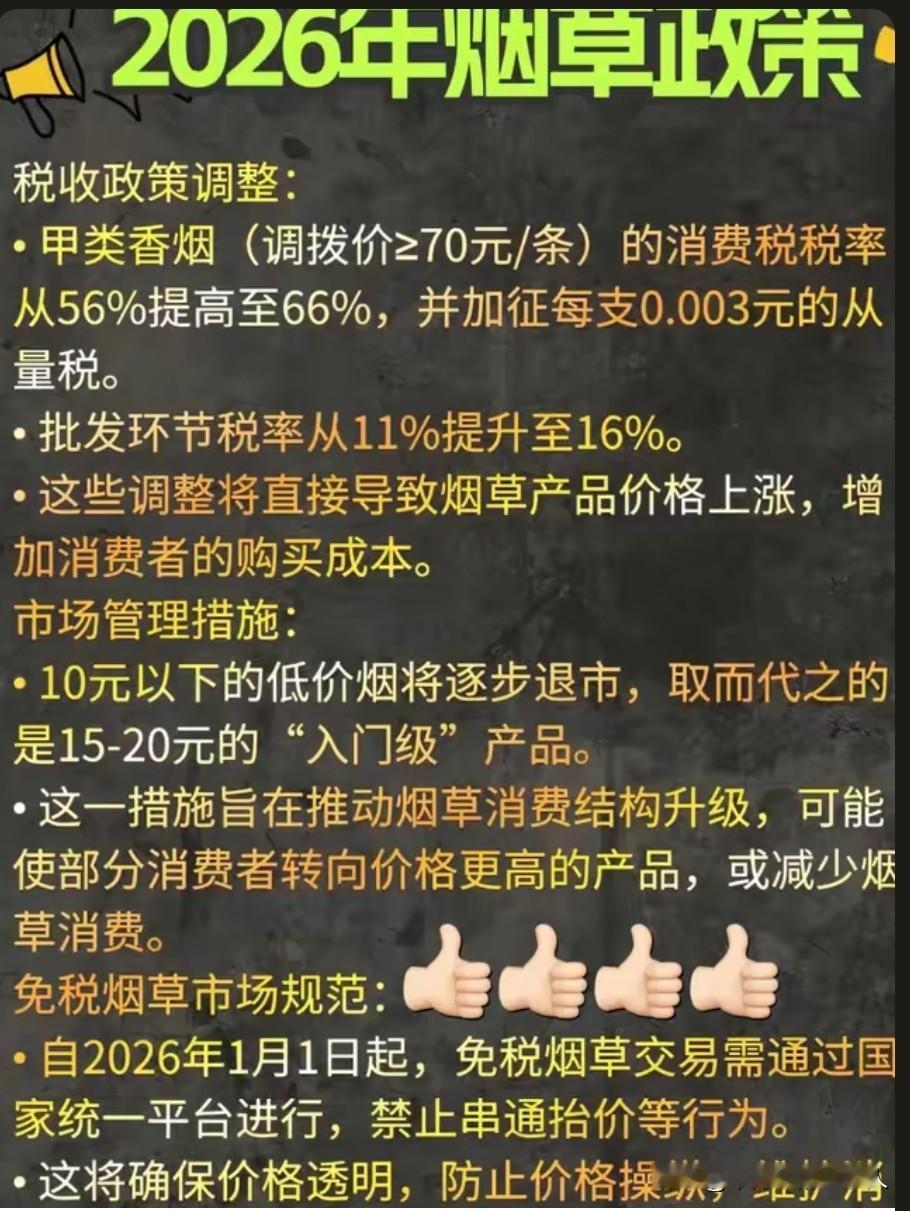 烟民们，从2026年1月1号开始，一定要把烟戒了。不是因为香烟涨价了，而是你抽