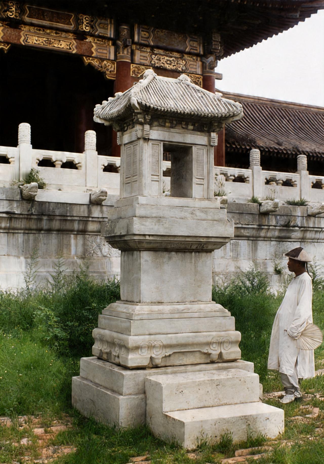 这是晚清一名太监手持蒲扇站在太和门前的嘉量前仔细观赏。虽然，他已经在皇宫中当差多
