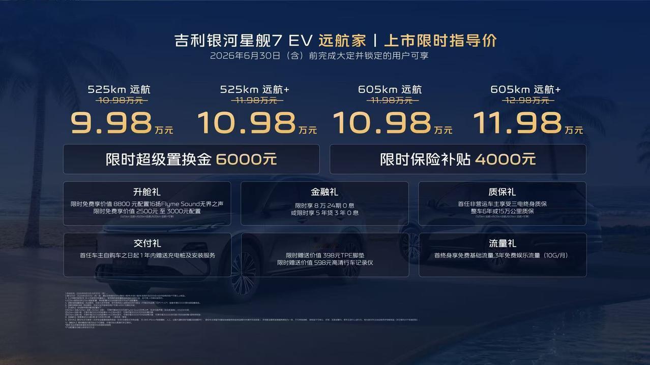 银河星舰7EV刚刚上市，9.98万起，这次出的都是纯电版，全系都是800V。之