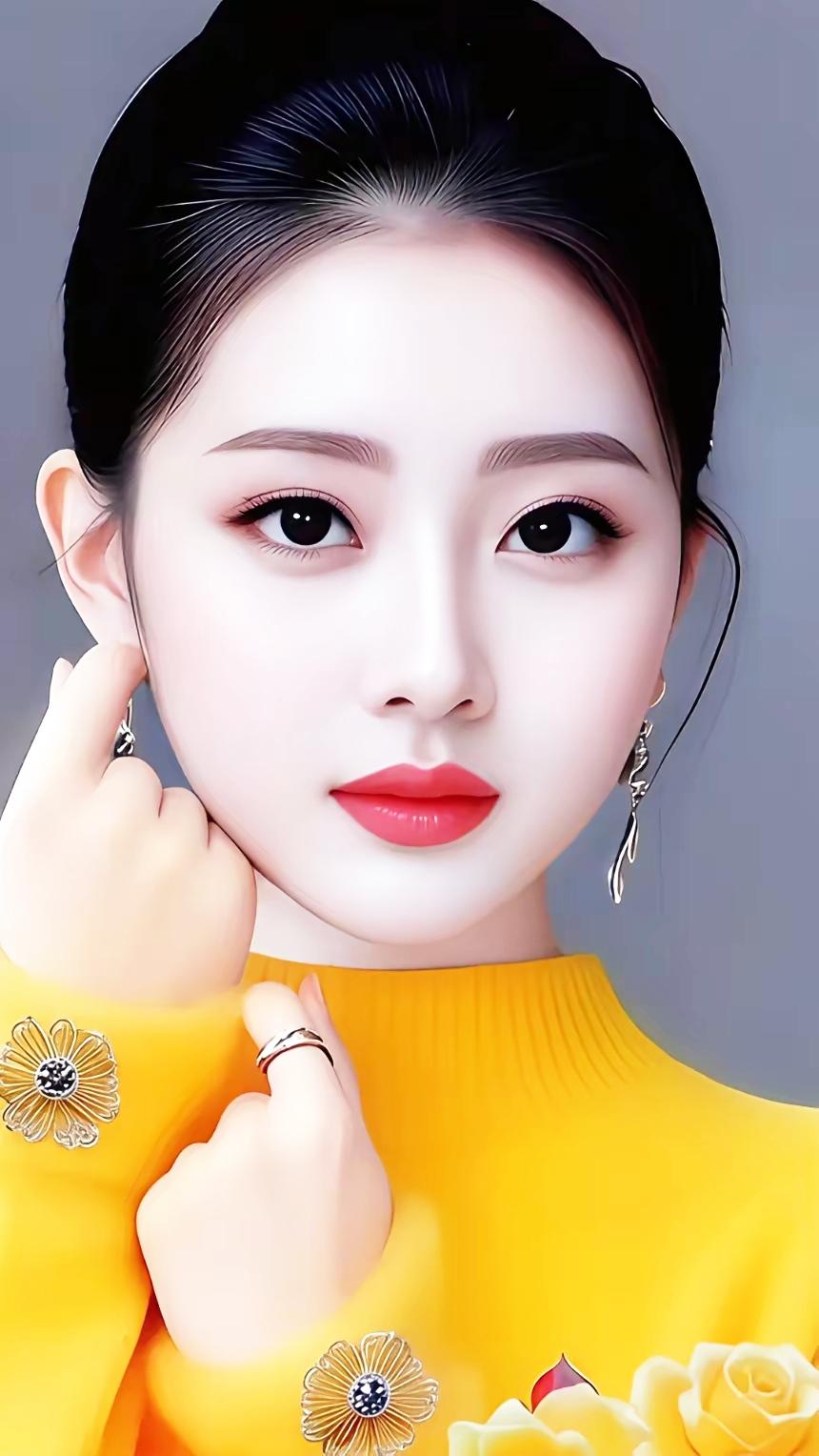 温柔甜美的少女，黄色毛衣搭配精致耳环，优雅动人。