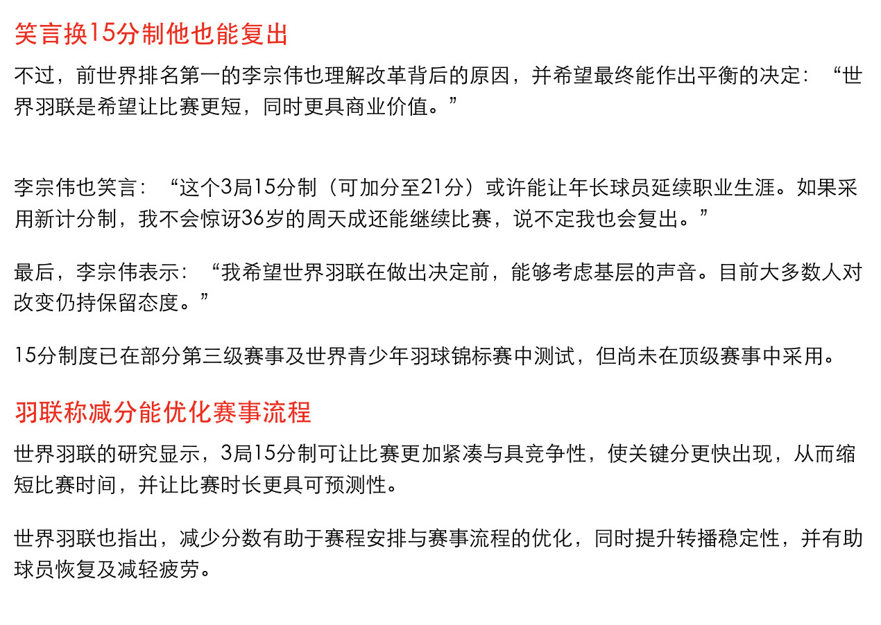 【李宗伟质疑世界羽联计分制改革不认同21分换15分制】李宗伟虽然认为现有的21