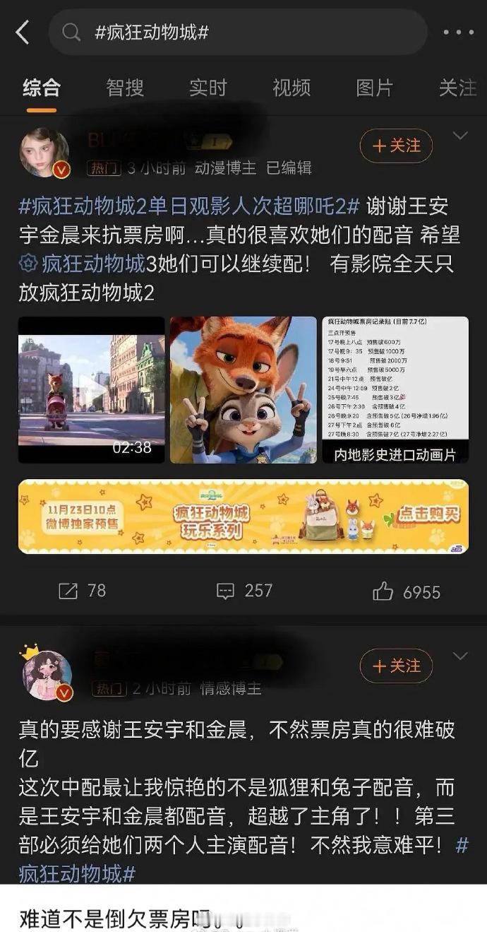 疯狂动物城2的票房...王安宇、金晨抗的？？？