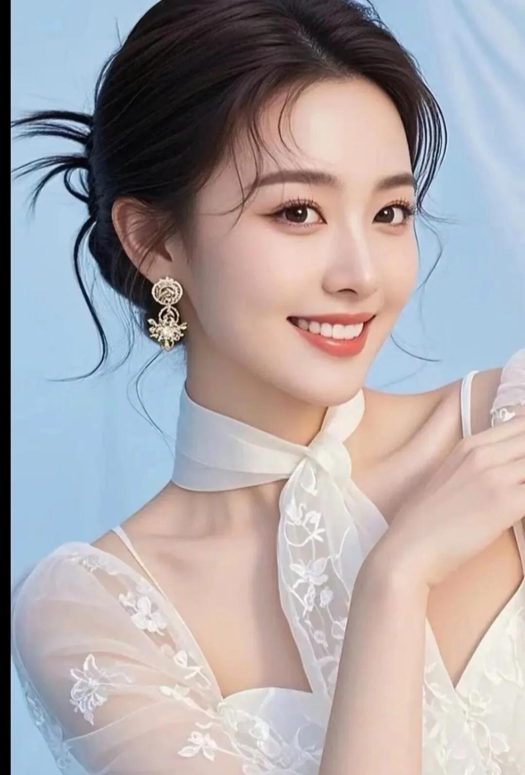 优雅甜美的婚纱写真，梦幻的蓝色背景，精致的蕾丝细节，温柔微笑，宛如童话中的公主。